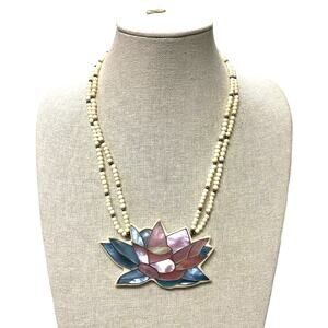 Vintage Lotus Pendant Beaded 2 Strand Necklace